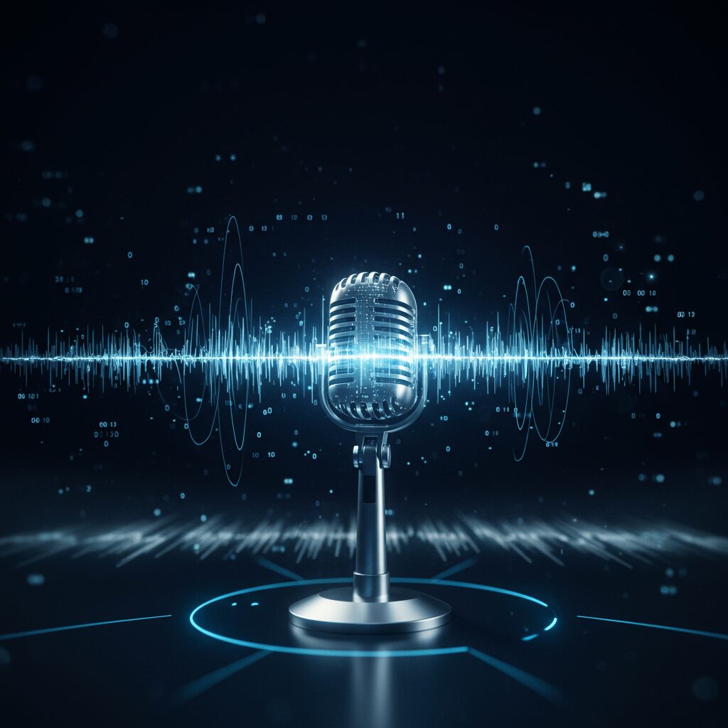 AIがプロフェッショナルな品質の音声を生成し、オーディオコンテンツ制作を効率化する様子を表現しています