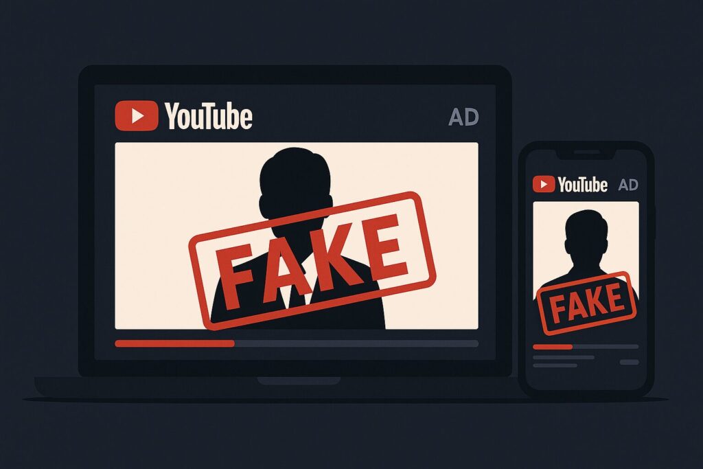 ノートPCやスマホの画面にYouTube広告が表示されていて、その広告に有名人のシルエットが登場。赤い「詐欺」「FAKE」とスタンプ風に入っている。背景は暗めで警戒感を演出。