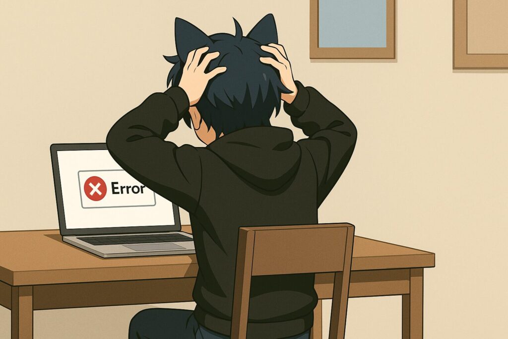 エラーで頭を抱えるアニメ風キャラクターの後ろ姿。机にノートパソコンが置かれている