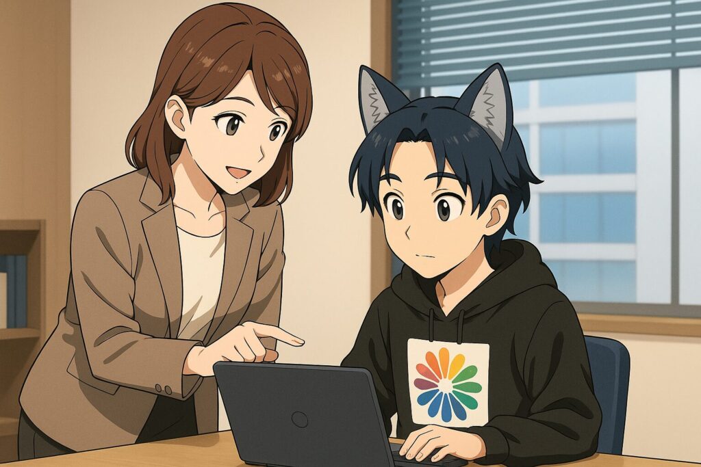 PCの使い方を教えてもらう自然な職場シーン