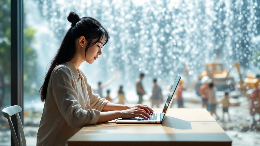 A Japanese woman in casual home attire sits at a cluttered wooden desk in a bright, sunlit room filled with light She has long black hair pulled back into a loose ponytail and wears glasses, looking frustrated with her eyebrows furrowed On